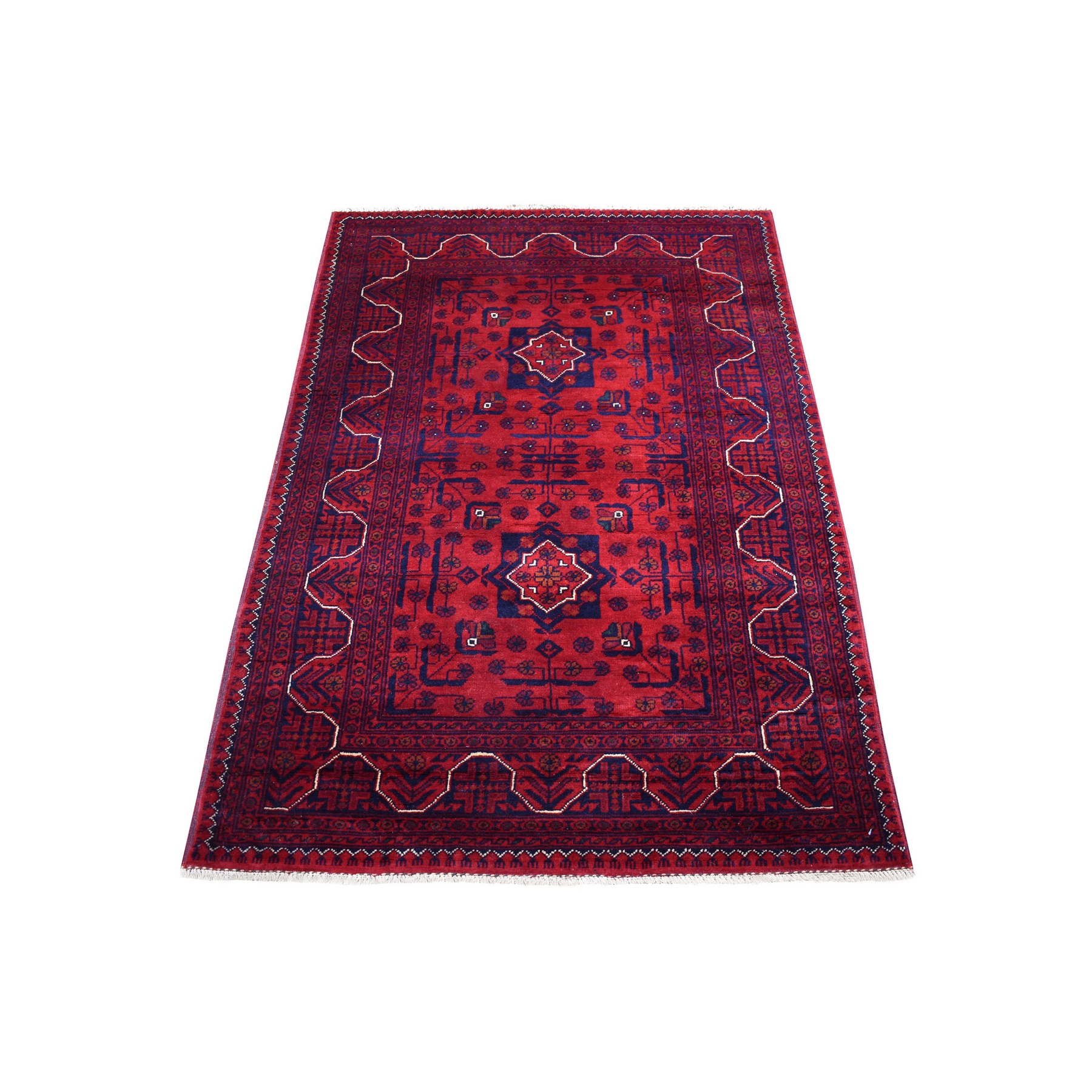 3'3"x4'10" Afghan Khamyab with Double Medallions Design Denser Weave with Shiny Wool Hand Knotted Deep and Saturated Red Oriental Rug 